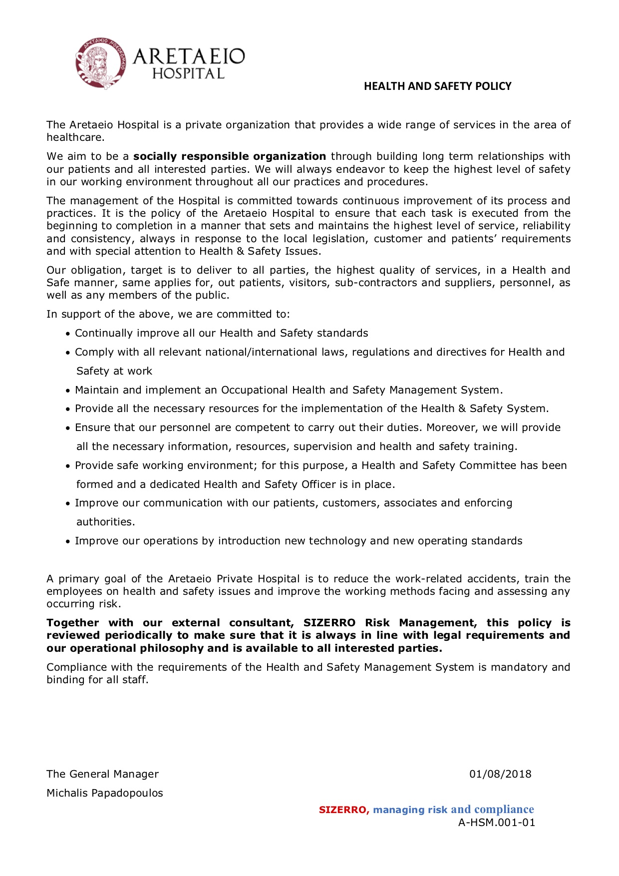 Health and Safety Policy Aretaeio Private Hospital
